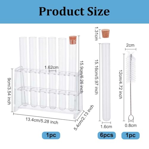 OLYCRAFT 6Pcs 20ml Plastic Test Tube with Cork Stopper 6x0.6 Inch Transparent Plastic Tubes Bottles with 6 Holes Acrylic Rack for Plants Propagation Scientific Experiments Storage