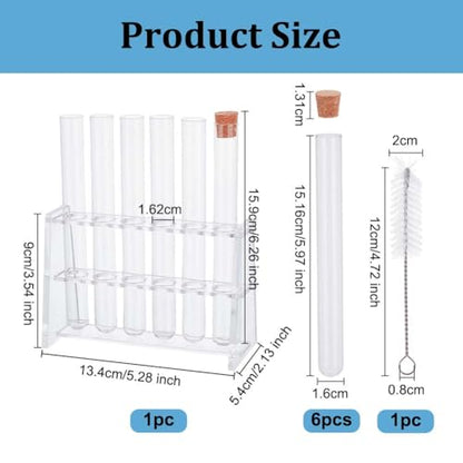 OLYCRAFT 6Pcs 20ml Plastic Test Tube with Cork Stopper 6x0.6 Inch Transparent Plastic Tubes Bottles with 6 Holes Acrylic Rack for Plants Propagation Scientific Experiments Storage