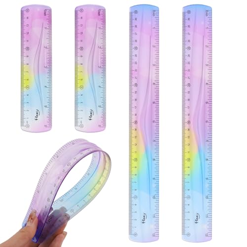 4 Pack Flexible Ruler Set, 12 Inch & 6 Inch Bendable Rulers for Kids, Soft Plastic Rulers with Dual-Sided cm/inch Scale, Gradient Color Flex Ruler for School, Home, Office - color: 6 Inch and 12 Inch Colorful