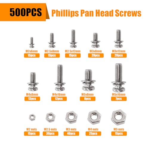 weideer 500Pcs Nut and Bolt Assortment Kit,M2 M2.5 M3 M4 M5 Machine Screws, 304 Stainless Steel Combination Screws for Electronics,Motorcycle,DIY Projects K-188