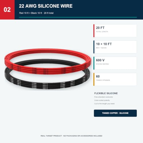 TUOFENG 22 AWG Silicone Wire, 20 ft Red/Black Tinned Copper Stranded - size: 22 AWG 2 Colors Silicone Wire Kit - 20ft