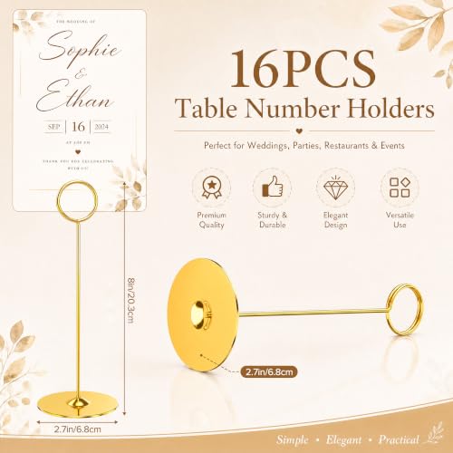 Urban Deco 16 Pieces Table Card Holder 8 inches Table Number Holders Place Steel Card Holders for Photos, Food Signs, Memo Notes, Weddings, Restaurants, Birthdays (Gold) - color: Gold