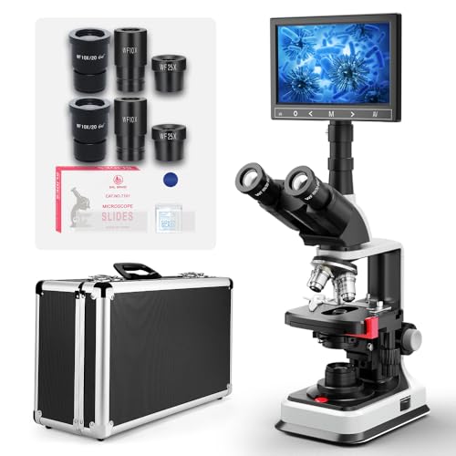 [Dual Power Supply] Vabiooth Lab Compound Trinocular Microscopes 40X-2500X Magnification with 7" LCD Replaceable Split Screen 5MP E-Eyepiece, Two-Layer Mechanical Stage,20mm Ultra Wide-Field Eyepieces - style: 7" Screen Trinocular