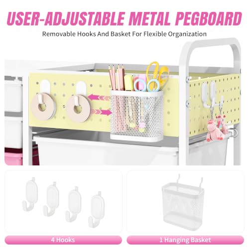 14 Drawer Rolling Storage Cart with Tabletop and Pegboard for Crafts Pink - color: Pink