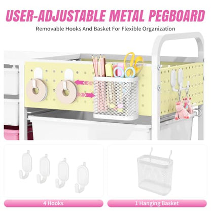 14 Drawer Rolling Storage Cart with Tabletop and Pegboard for Crafts Pink - color: Pink
