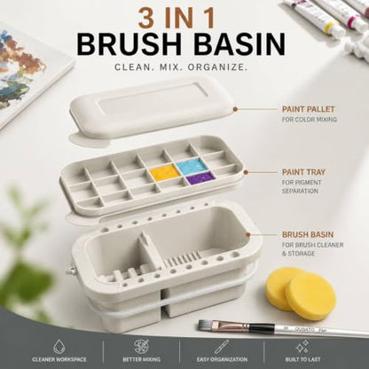 WUWEOT 3 Pack Multi-Use Paint Brush Basin Paint Brush Tub, Plastic Paint Brush Washer, Cleaner and Holder, 18 Palette Wells, Lid for Indoor Outdoor Watercolor Oil Acrylic Gouache Painting