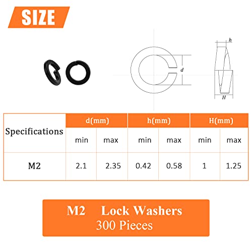 HELIFOUNER 300 Pieces 8.8 Grade Alloy Steel M2 Split Lock Washers, Spring Lock Washers for Screws Bolts, Black - color: Black, size: M2 (300 PCS)