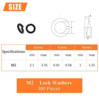 HELIFOUNER 300 Pieces 8.8 Grade Alloy Steel M2 Split Lock Washers, Spring Lock Washers for Screws Bolts, Black - color: Black, size: M2 (300 PCS)