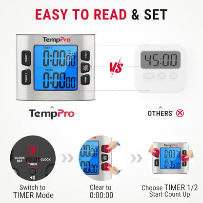 TempPro TM02 24H Kitchen Timer with Clock Mode & Dual Digital Timers