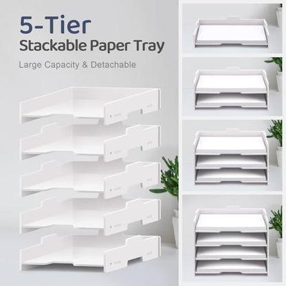 SONGWAY 5-Tier Stackable Paper Tray - File Organizer for Desk, Paper Sorter, Desktop Letter Trays, Workspace Desk Organizer Trays for Home Office School