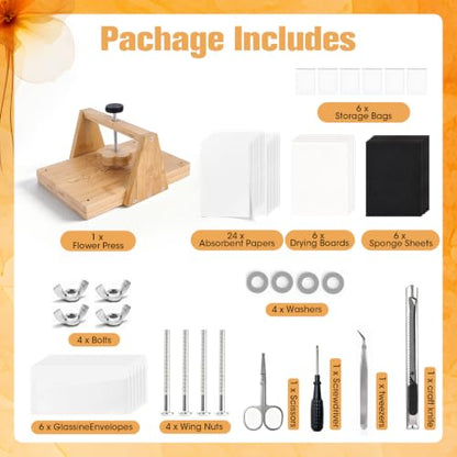 Bemoauty Flower Pressing Kit for Adults and Teens, 6 Layers Wood Flower Press 11.8" x 8", Flower Preservation Kits with 6 Sponge Sheet, Drying Plates and 24 Lining Papers, DIY Art & Crafts Gift
