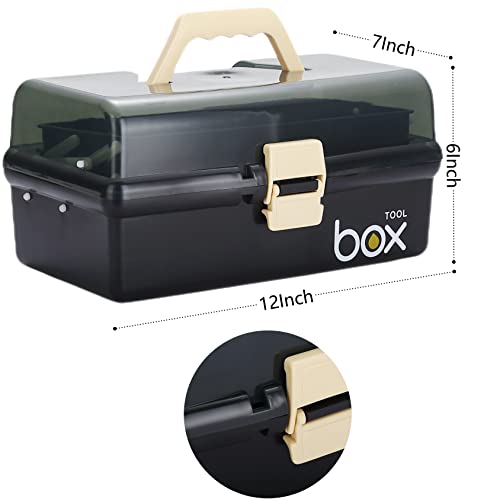 Kinsorcai 12'' Three-Layer Clear Plastic Storage Box/Tool Box, Multipurpose Organizer and Portable Handled Storage Case for Art Craft and Cosmetic (Black) - color: black, size: 1PCS