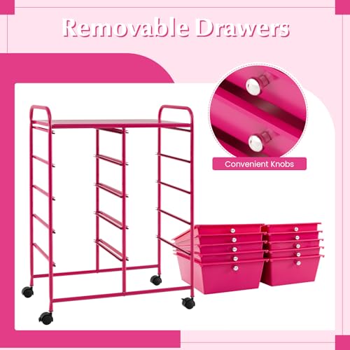 COSTWAY 10 Drawer Rolling Storage Cart, Utility Cart with Lockable Wheels - color: Hot Pink, size: 10 Drawer