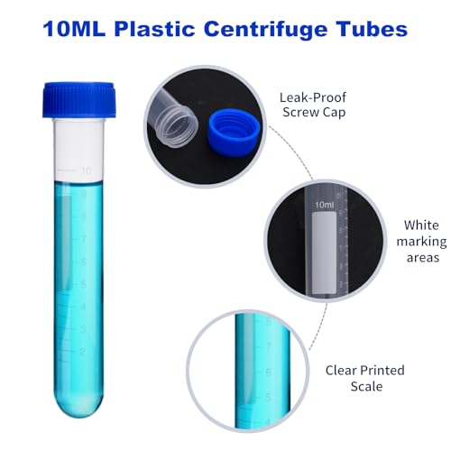 10mL Centrifuge Tubes,200PCS Round Tubes Sterile,Leak-Proof Screw Caps(Blue), Plastic Container with Graduated and Write Marks, Non-pyrogenic, DNase/RNase Free, Human DNA-Free (Bag Pack) - size: 10ml-Round