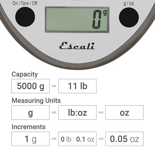 "Escali Primo Digital Kitchen Scale –SCDG11M Digital Food Scale Grams and Ounces for Cooking, Baking, Restaurants, Compact Design, Battery Operated, Removable Platform, 11lb/5kg, Metallic Gray"