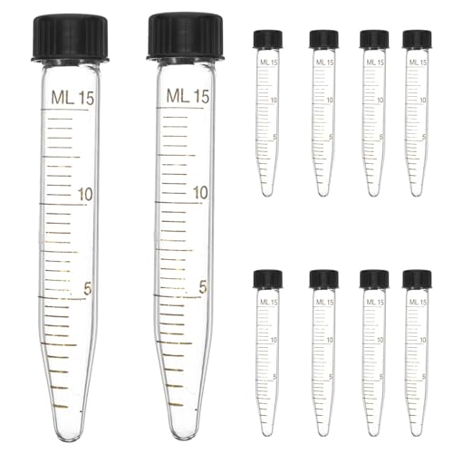 10 Pack 15ml Glass Conical Centrifuge Tubes, Graduated Test Tubes with Leak- Proof Screw Caps - Transparent Laboratory Vials for Sample Storage & Separation Lab Use