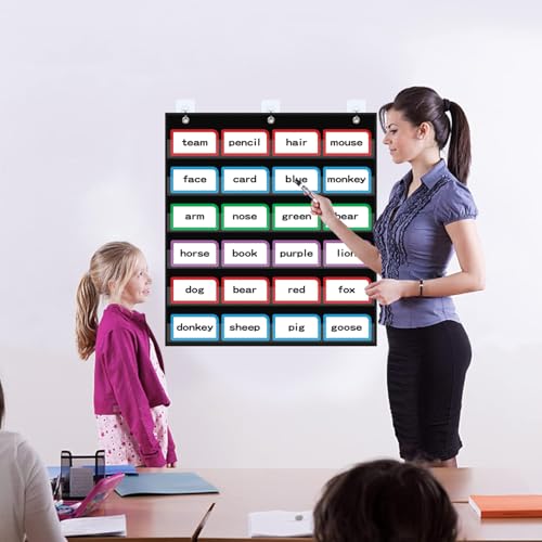 ANCOMEDO 20”W x 25”H Classroom Words Pocket Chart with 6 Clear Pockets, Black Standard Pocket Chart for Classroom and Home for Sentence Strips, Reusable Clear Pocket Hanging Words Chart (Black) - size: 20Wx25H