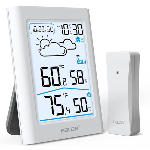 BALDR Indoor Outdoor Thermometer Wireless with Clock, Battery Powered Weather Station Indoor Outdoor, Portable Outside Temperature Monitor for Home Patio - color: White