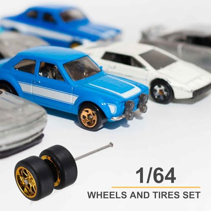 MECCANIXITY 4 Set 1/64 Wheels and Tires Set, Real Riders Rims Includes Axles for RC Diecast Car DIY Model, 10-Spoke Gold Silver Black White Rims 11 x 5.4mm