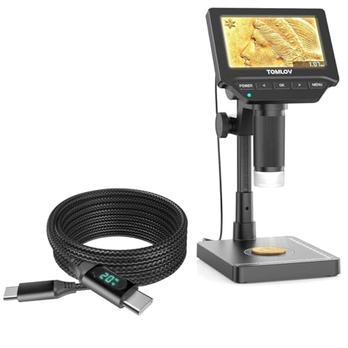 BoxWave Cable Compatible with TOMLOV DM4W Microscope - PowerDisplay PD Cable (6ft) - USB-C to USB-C (100W), LED Wattage Info Extra Long Braided Nylon - Jet Black