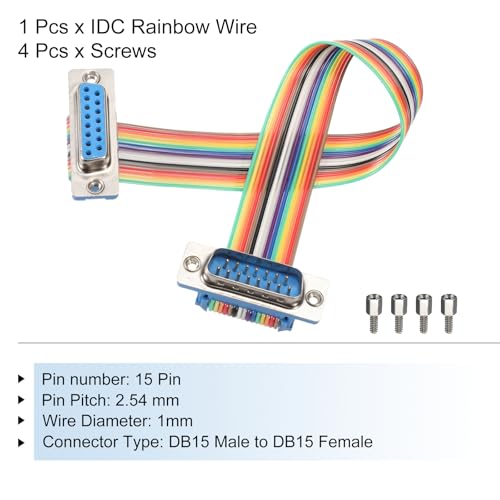 MECCANIXITY IDC Rainbow Wire Flat Ribbon Cable DB15 Male to DB15 Female 8 Inch Length 2.54mm Pitch Breadboard Jumper Wires for Electronic Projects - size: 8 Inch, style: DB15 Male to DB15 Female