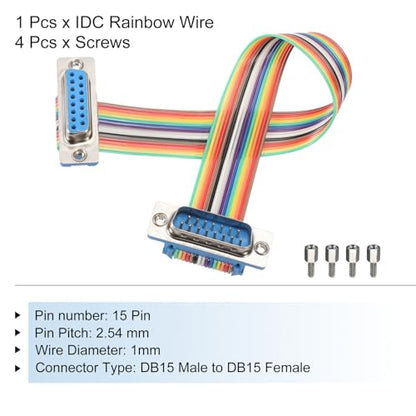 MECCANIXITY IDC Rainbow Wire Flat Ribbon Cable DB15 Male to DB15 Female 8 Inch Length 2.54mm Pitch Breadboard Jumper Wires for Electronic Projects - size: 8 Inch, style: DB15 Male to DB15 Female