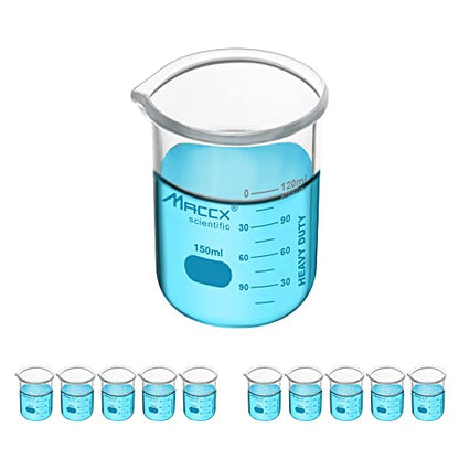 5.07oz(150ml) New Upgraded Glass Beakers, Heavy Duty Lab Beaker Set, 3.3 Borosilicate with Double Scale, Pack of 12, HDBK150-012 - style: Vol.150ml, Pack of 12
