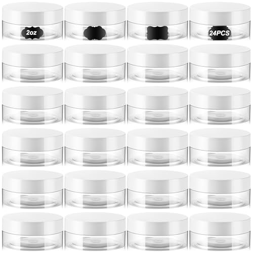 24 Pack 2 oz Clear PET Jars with White Lids and Labels for Travel Creams - color: Clear with White Lid, size: 2 oz