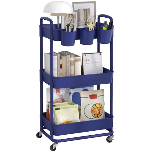 JIUYOTREE 3-Tier Plastic Rolling Storage Cart Utility Cart Blue - color: Blue, size: 3-Tier