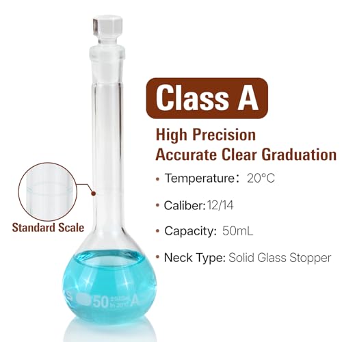 50 ml Volumetric Flask,Clear,3.3Borosilicate Glass,Class A,NS12/14 Glass Stopper,Laboratory Project (Pack of 2) - color: Clear, size: 50ml