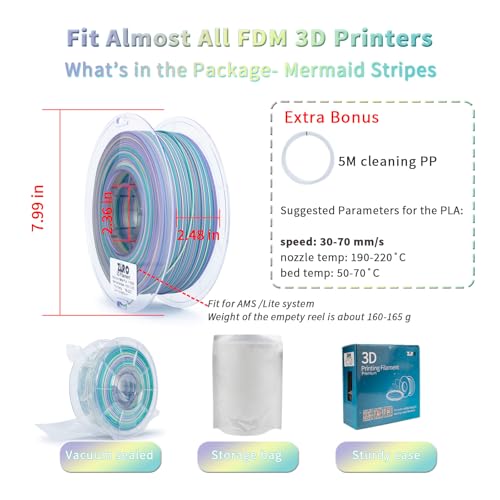 ZIRO Dynamic Color Change PLA, for 3D Printing, 1KG Spool, Mermaid Stripes - color: Mermaid Stripes (Matte)