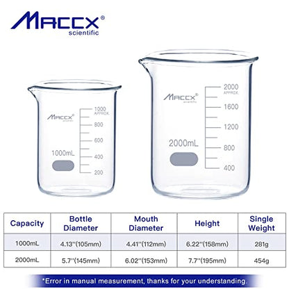 Sturdy Glass Beakers, 2 Sizes of 1000ml 2000ml,3.3 Borosilicate Griffin Low Form with Printed Graduation, BKLS06-002 - style: Vol.1000ml 2000ml
