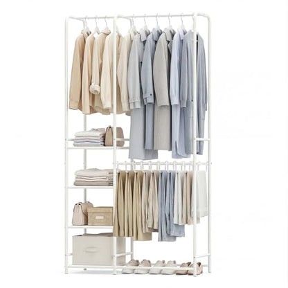 GIANTEX Clothes Rack with Pants Hangers, Heavy-Duty Metal Clothing Rack with 2 Hanging Rods & 4 Storage Shelves, Freestanding Garment Racks, Closet Organizer for Bedroom, Cloakroom (White) - color: White