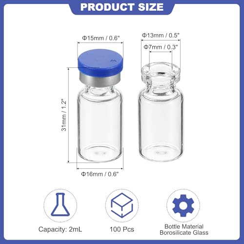 PATIKIL 2ml Sample Vials, 100 Pack Lab Empty Vials with Butyl Rubber Stopper Crimp Top Caps and Labels Borosilicate Glass Vial, Clear - color: Clear, size: 2ml