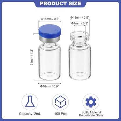 PATIKIL 2ml Sample Vials, 100 Pack Lab Empty Vials with Butyl Rubber Stopper Crimp Top Caps and Labels Borosilicate Glass Vial, Clear - color: Clear, size: 2ml