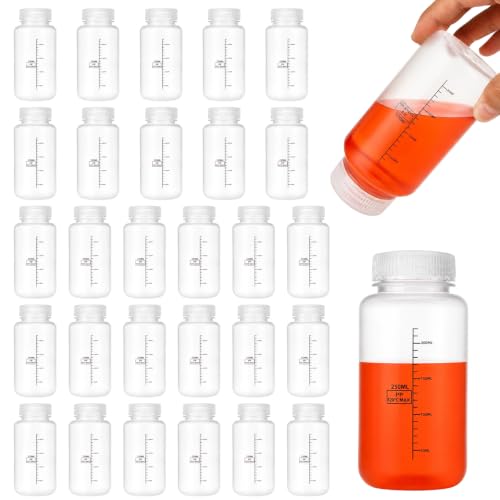 Acrux7 30PCS 8oz/250ml Wide Mouth Plastic Sample Bottles with Airtight Cap