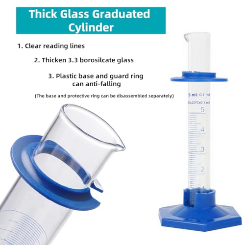 2Pcs 5ml Graduated Cylinder, Thick Glass Measuring Cylinder, with Anti-Falling Plastic Base and Bumper Guards, for Science Laboratory Measuring Liquid, Bring droppers - size: 5ml