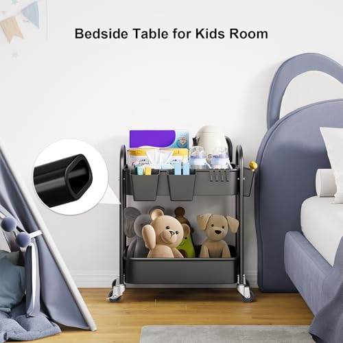 2 Tier Rolling Cart Metal on Wheels,Two Tiered Short Side Table with Wheels - color: Matte Black, size: 2 tier