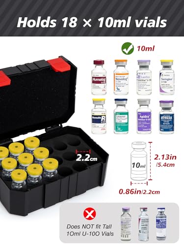 Peptide Case for Fridge, 18 Slots 10ml Vials Holder, Insulin Vial Travel Organizer, Diabetes Medication Storage Case for Daily Use (Black) - color: 10ml-18 Slot-black With Red Snap Button