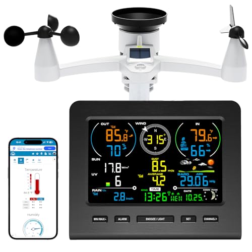 Urageuxy Weather Station, WiFi Weather Station with 7-in-1 Outdoor Sensor for Home, Smart WiFi Weather Monitor-Rain Gauge, Wind Speed, Temperature, Humidity, UV, Light, Weather Forecast
