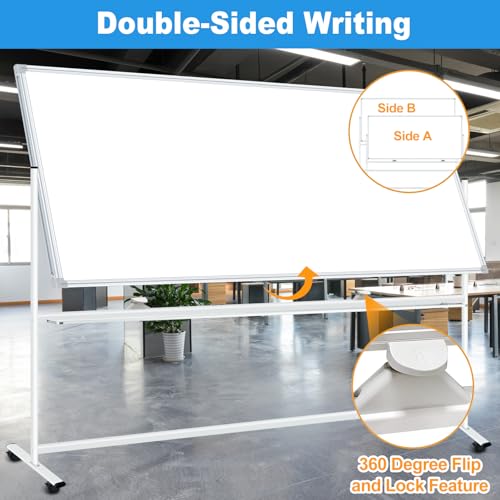 Large Rolling Whiteboard on Wheels 96"x48", Double-Sided Mobile Whiteboard - color: Silver, size: 96"W x 48"H