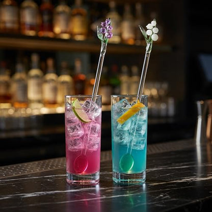 Homestia Glass Stirring Spoon, Swizzle Sticks with White Lily of the Valley - color: 2 PCS + 7.1" + White pink Bells Orchids Flower + Stirring spoon