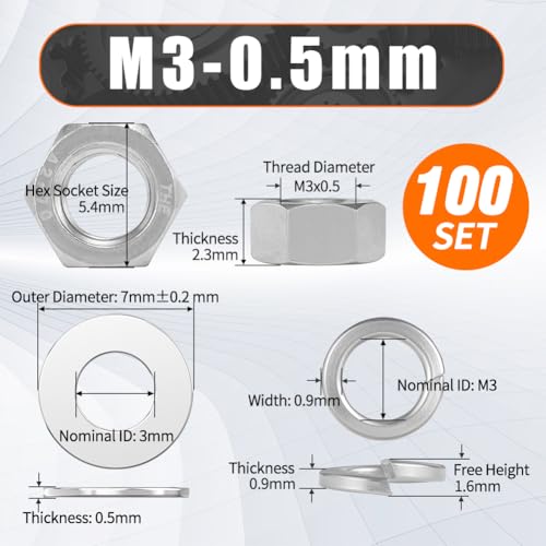 M3 Nuts and Washers Assortment Kit, Hex Nut Spring Washer Flat Washer - color: steel gray, size: Metric M3