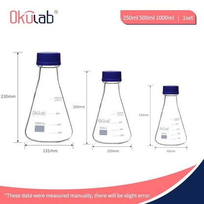 3pcs Erlenmeyer Flask Set with Blue Cap, 250ml 500ml 1000ml Lab Erlenmeyer Flasks, Borosilicate 3.3 Glass Material with Printed Graduation, EFG45GS3A1 - style: 250ml 500ml 1000ml