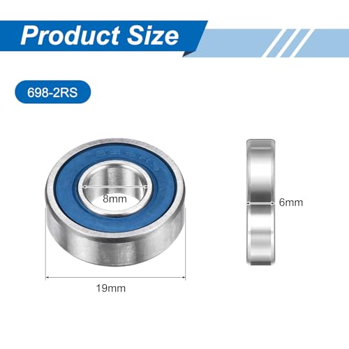 uxcell 4 Pcs 698-2RS Micro Bearings, 8x19x6mm Chrome Steel, ABEC7 - size: 698-2RS