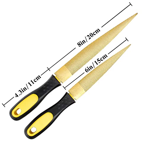 Wood File, Needle File Set Wood Files for Wood Working Wood Rasp Files Tools Golden Tapered Wood Rasp Bastard File with Rubber Handle in Gift Bag for Carving 2 Pack (6 * 8 inch)