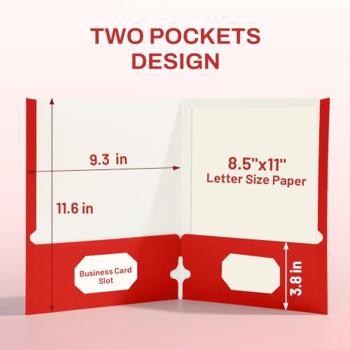 SUNEE Folders with Pockets 3 Hole Punched(50 Pack, Red), 2 Pocket Folders Fit Letter Size Paper, Paper File Folder for School Office Home Business - color: Red