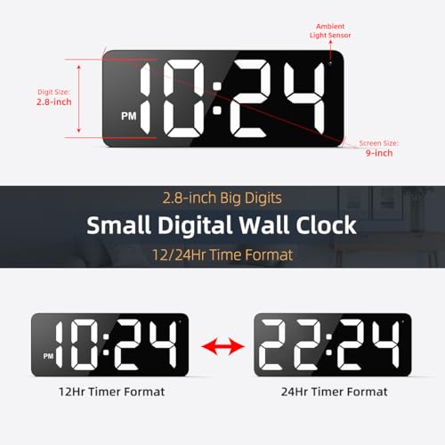 LED Digital Wall Clock with Large Display, Big Digits, Auto-Dimming, 12/24Hr Format, Modern Electric Small Silent Wall Clock for Living Room, Bedroom, Classroom, Farmhouse, Kitchen, Office - White - color: White