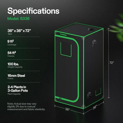 VIVOSUN S336 3x3 Grow Tent 36"x36"x72" Highest Reflective Mylar Tent - size: 36"x36"x72"