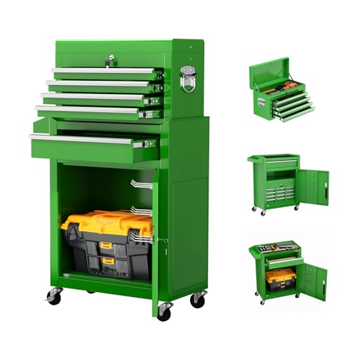 Oakcloud Heavy-Duty 5-Drawer Rolling Tool Chest & Cabinet Combo with Black Liner – Lockable Steel Garage Tool Box on Wheels – Detachable Top Toolbox & Bottom Storage Cart with Side Hooks, Green - color: Green, size: 5-drawer